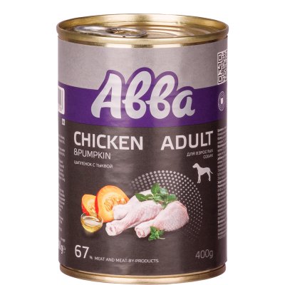 АВВА Adult Влажный корм (консервы) для взрослых собак всех пород, с цыпленком и тыквой, 400 гр.