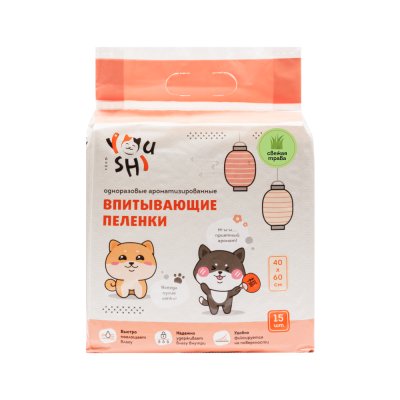 Youshi Пеленки впитывающие 60х40 см (15 шт.) одноразовые с ароматом травы для кошек и собак