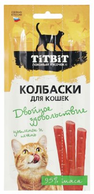 Лакомства TiTBiT Колбаски для кошек Двойное удовольствие с цыпленком и печенью, блистер, 15 г (15 г)