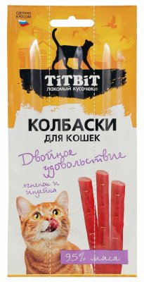 Лакомства TiTBiT Колбаски для кошек Двойное удовольствие с ягненком и индейкой, блистер, 15 г (15 г)