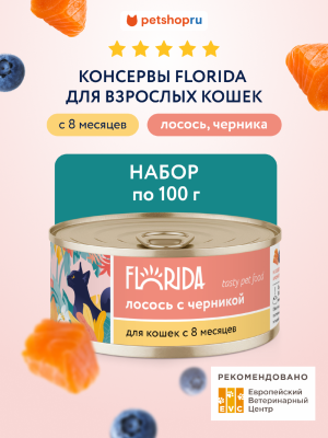 Консервы, паучи FLORIDA консервы Набор, консервы для кошек, лосось с черникой, 12 шт (1.2 кг)