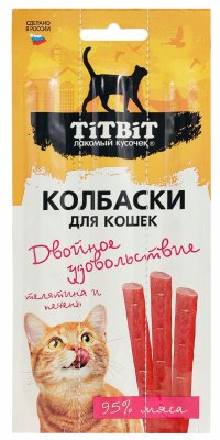 Лакомства TiTBiT Колбаски для кошек Двойное удовольствие с телятиной и печенью, блистер, 15 г (15 г)