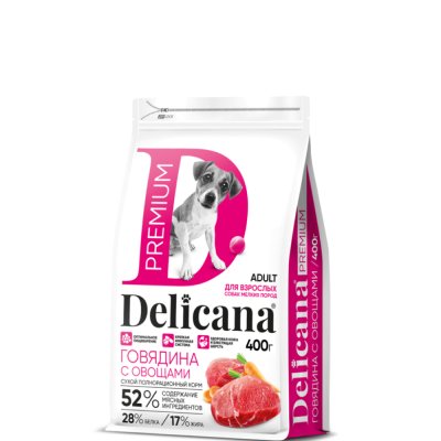 DELICANA Premium Сухой корм для собак мелких пород, говядина с овощами, 400 гр.