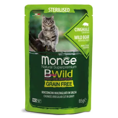 Monge BWild Grain Free Влажный корм (пауч) для стерилизованных кошек, с мясом дикого кабана и овощами, 85 гр.