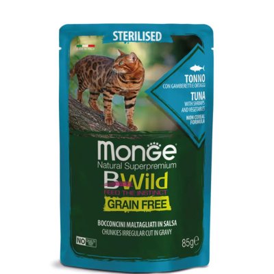 Monge BWild Grain Free Влажный корм (пауч) для стерилизованных кошек, с тунцом, креветками и овощами, 85 гр.