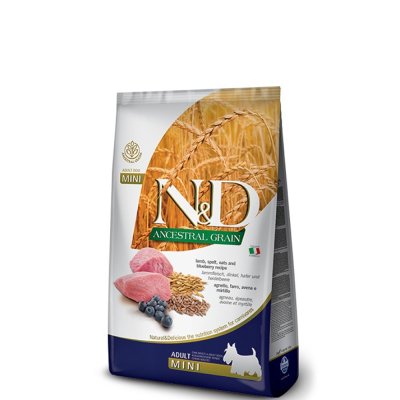Farmina N&D Mini Сухой низкозерновой корм для взрослых собак мелких пород, с ягненком, спельтой, овсом и черникой, 800 гр.