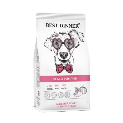 Корм для собак Best Dinner для средних и крупных склонных к аллергии и проблемам с пищеварением, телятина с тыквой сух.3кг