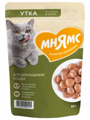Консервы, паучи Мнямс Паучи для домашних кошек кусочки в соусе, с уткой, 85 г х 24 шт (24 шт)