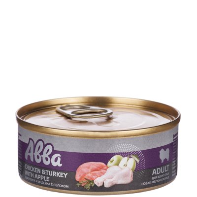 АВВА Adult Влажный корм (консервы) для взрослых собак мелких пород, с цыпленком и индейкой с яблоком, 100 гр.