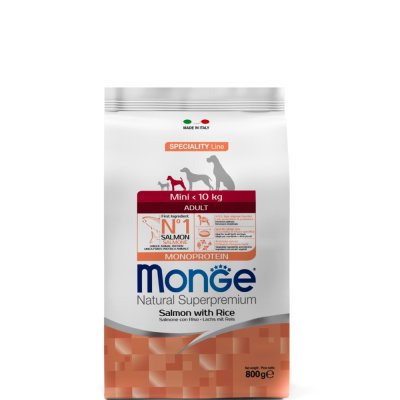 Monge Mini Adult Monoprotein Сухой корм для взрослых собак мелких пород, с лососем и рисом, 800 гр.