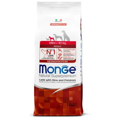 Monge Mini Adult Monoprotein Сухой корм для взрослых собак мелких пород, с ягненком, рисом и картофелем, 7,5 кг
