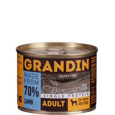 Grandin Adult Влажный корм (консервы) для взрослых собак всех пород, с ягненком и льняным маслом, 200 гр.