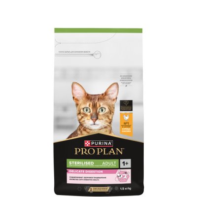ProPlan Sterilised Delicate Digestion Сухой корм для взрослых стерилизованных кошек и кастрированных котов с чувствительным пищеварением, с курицей, 1,5 кг