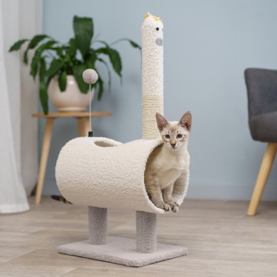 RURRI Когтеточка Альпака (35х23,5х71 см) с туннелем и игрушкой на столбике для кошек, бело-серый