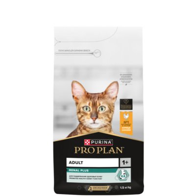 ProPlan Renal Plus Сухой корм для поддержания здоровья почек у взрослых кошек, с высоким содержанием курицы, 1,5 кг