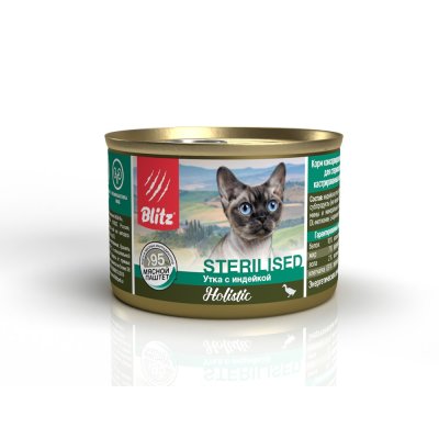 Корм для кошек Blitz для стерилизованных и кастрированных, утка с индейкой, мясной паштет банка 200г