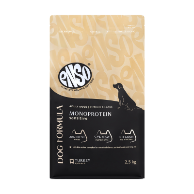 Корм для собак ENSO formula Monoprotein для ср. и кр.пород, с индейкой и шпинатом сух. 2,5кг