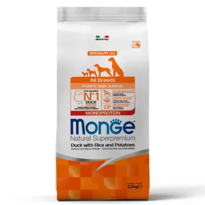 Monge Dog Speciality Line Monoprotein Сухой корм для щенков всех пород, утка с рисом и картофелем, 2,5 кг