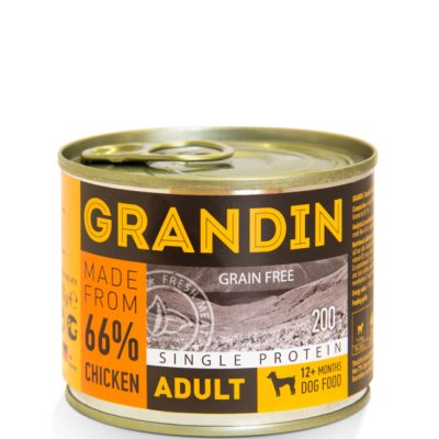 Grandin Adult Влажный корм (консервы) для взрослых собак всех пород, с курицей и льняным маслом, 200 гр.