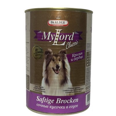 Dr. Alder's Влажный корм (консервы) для собак всех пород, кролик и сердце кусочки в соусе, 970 гр.