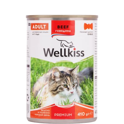 Wellkiss Влажный корм (консервы) для кошек, нежные кусочки с говядиной в желе, 410 гр.