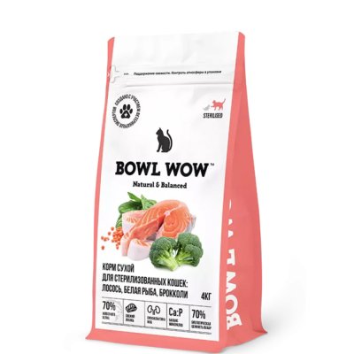 BOWL WOW Sterilized Сухой корм для стерилизованных кошек, с лососем, белой рыбой и брокколи, 4 кг
