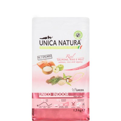 UNICA Natura Indoor Сухой корм для кошек, с лососем, рисом и яблоками, 1,5 кг