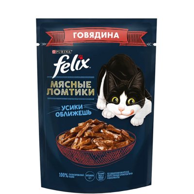 Felix Влажный корм (пауч) для взрослых кошек Мясные ломтики, с говядиной в соусе, 75 гр.