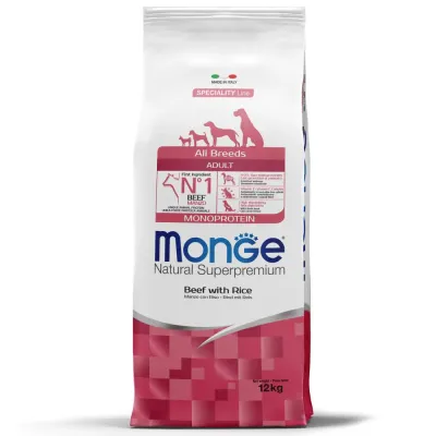 Monge All Breeds Adult Monoprotein Сухой корм для взрослых собак всех пород, с говядиной и рисом, 12 кг