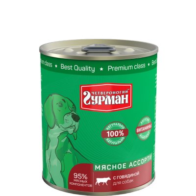 Четвероногий Гурман Влажный корм (консервы) для собак, мясное ассорти с говядиной, 340 гр.