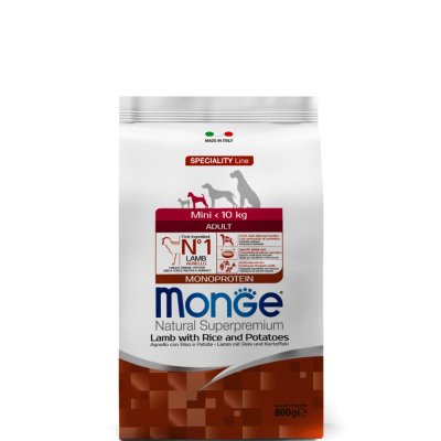 Monge Mini Adult Monoprotein Сухой корм для взрослых собак мелких пород, с ягненком, рисом и картофелем, 800 гр.