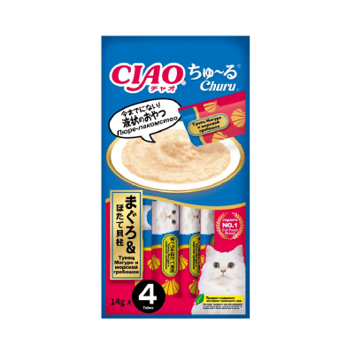 Лакомство для кошек INABA Ciao Churu Тунец Магуро с морским гребешком, пюре 14гх4шт