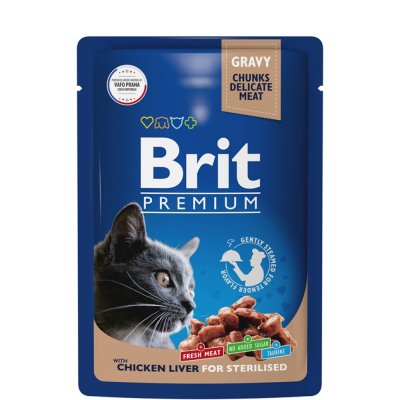 Brit Premium Влажный корм (пауч) для взрослых стерилизованных кошек, с куриной печенью в соусе, 85 гр.