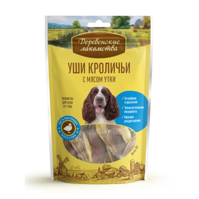 Лакомство для собак ДЕРЕВЕНСКИЕ ЛАКОМСТВА Уши кроличьи с мясом утки 90г