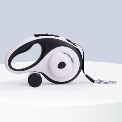 HiPet Рулетка для собак с Led фонарем и диспенсером, до 30 кг, ремень 5 м, черно-белый