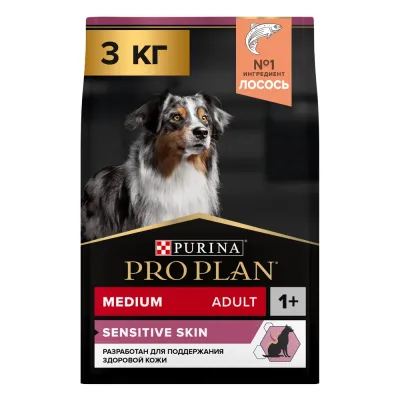 ProPlan Sensitive Skin Сухой корм для взрослых собак средних пород с чувствительной кожей, с высоким содержанием лосося, 3 кг