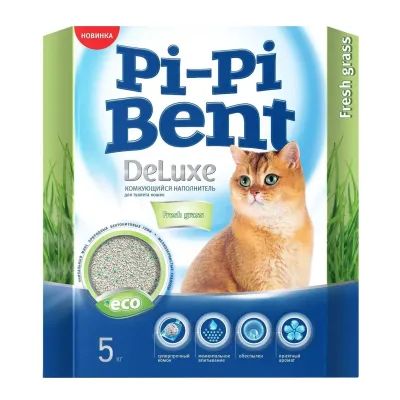 Pi-Pi-Bent Наполнитель комкующийся для кошачьего туалета Deluxe Fresh grass, 5 кг, с ароматом свежих трав